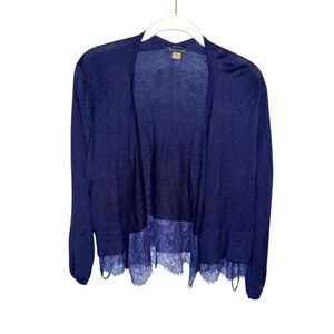 Tommy Hilfiger Navy Blue Open Cardigan Lace Trim Y2K Short Cropped Medium Preppy